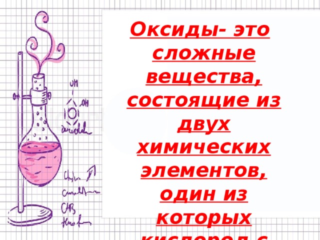 Оксиды- это сложные вещества, состоящие из двух химических элементов, один из которых кислород с валентность равною (II) 