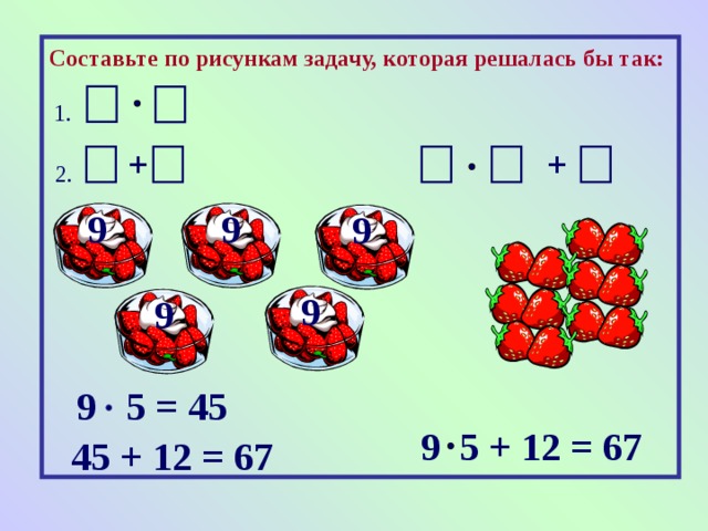 Составьте по рисункам задачу, которая решалась бы так:  1. + + 2. 9 9 9 9 9 9 5 = 45 9 5 + 12 = 67 45 + 12 = 67 