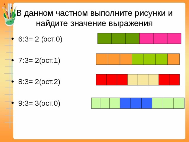В данном частном выполните рисунки и найдите значение выражения 6:3= 2 (ост.0)  7:3= 2(ост.1)  8:3= 2(ост.2)  9:3= 3(ост.0) 