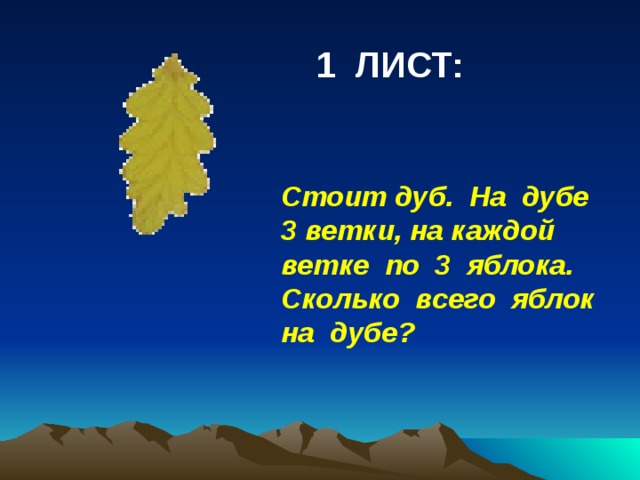 1 ЛИСТ: Стоит дуб. На дубе 3 ветки, на каждой ветке по 3 яблока. Сколько всего яблок на дубе? 