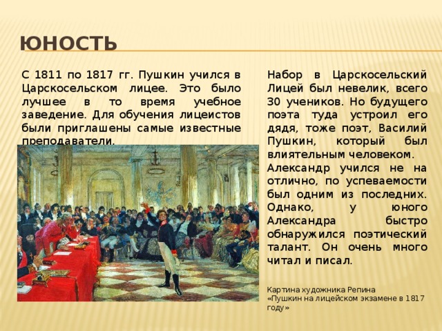 Юность Набор в Царскосельский Лицей был невелик, всего 30 учеников. Но будущего поэта туда устроил его дядя, тоже поэт, Василий Пушкин, который был влиятельным человеком. С 1811 по 1817 гг. Пушкин учился в Царскосельском лицее. Это было лучшее в то время учебное заведение. Для обучения лицеистов были приглашены самые известные преподаватели. Александр учился не на отлично, по успеваемости был одним из последних. Однако, у юного Александра быстро обнаружился поэтический талант. Он очень много читал и писал. Картина художника Репина «Пушкин на лицейском экзамене в 1817 году» 
