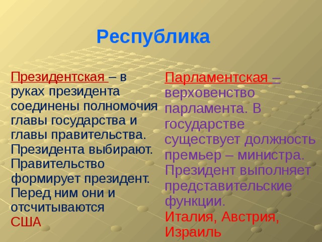 Республика Президентская – в руках президента соединены полномочия главы государства и главы правительства. Президента выбирают. Правительство формирует президент. Перед ним они и отсчитываются Парламентская – верховенство парламента. В государстве существует должность премьер – министра. Президент выполняет представительские функции. США  Италия, Австрия, Израиль 