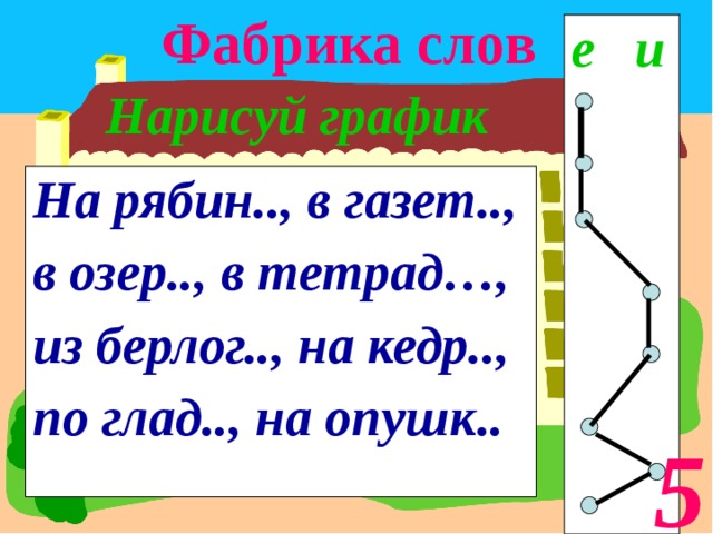 Фабрика слов е и  Нарисуй график  На рябин.., в газет.., в озер.., в тетрад…, из берлог.., на кедр.., по глад.., на опушк.. 5 