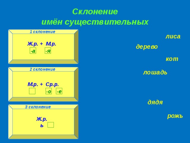 Склонение  имён существительных 1 склонение 1 склонение лиса Ж.р. + М.р.  дерево -а -я кот 2 склонение лошадь 2 склонение М.р. + Ср.р.  -е -о   дядя 3 склонение 3 склонение  Ж.р. ь  рожь  