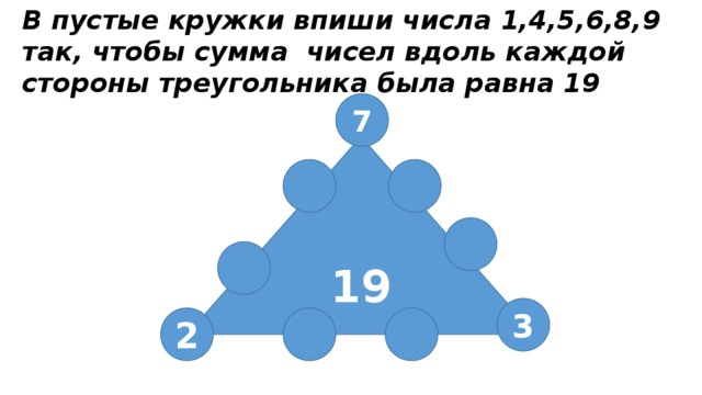 В пустые кружки впиши числа 1,4,5,6,8,9 так, чтобы сумма чисел вдоль каждой стороны треугольника была равна 19 7 19 3 2 