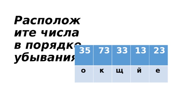 Расположите числа  в порядке  убывания.  35  о  73  33  к  13  щ  23  й  е 