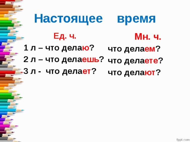 Настоящее время Ед. ч. Мн. ч. 1 л – что дела ю ? что дела ем ? 2 л – что дела ешь ? что дела ете ? 3 л - что дела ет ? что дела ют ? 