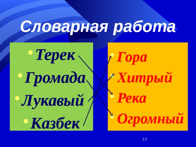 Словарная работа Терек Громада Лукавый Казбек Гора Хитрый Река Огромный   