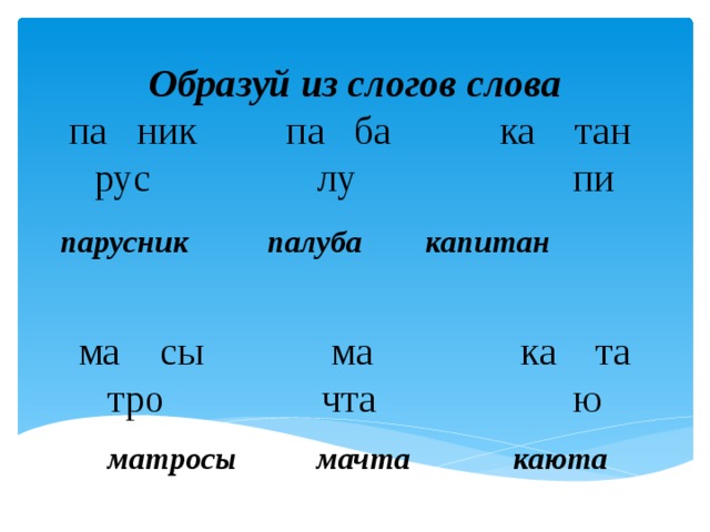 Образуй из слогов слова па ник па ба ка тан рус лу пи парусник палуба капитан ма сы ма ка та тро чта ю матросы мачта каюта 