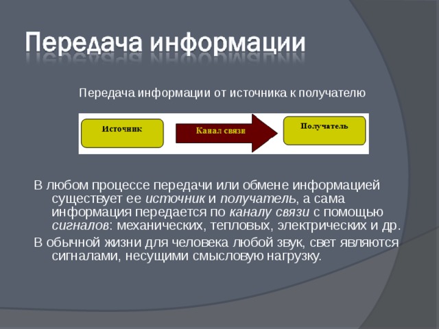 Передача информации от источника к получателю В любом процессе передачи или обмене информацией существует ее источник и получатель , а сама информация передается по каналу связи с помощью сигналов : механических, тепловых, электрических и др. В обычной жизни для человека любой звук, свет являются сигналами, несущими смысловую нагрузку. 
