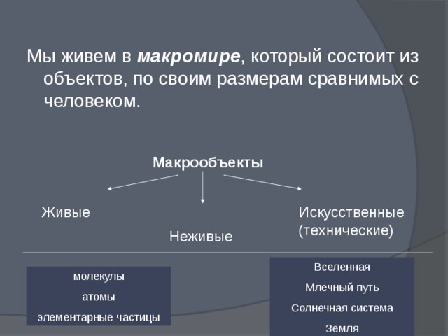 Мы живем в макромире , который состоит из объектов, по своим размерам сравнимых с человеком. Макрообъекты Живые Искусственные (технические) Неживые Вселенная Млечный путь Солнечная система Земля молекулы атомы элементарные частицы 