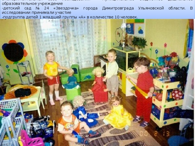 Экспериментальная база исследования – муниципальное бюджетное дошкольное образовательное учреждение детский сад № 24 «Звездочка» города Димитровграда Ульяновской области. В исследовании принимали участие подгруппа детей 1 младшей группы «А» в количестве 10 человек. 