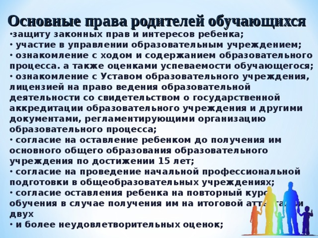 Основные права родителей обучающихся защиту законных прав и интересов ребенка;  участие в управлении образовательным учреждением;  ознакомление с ходом и содержанием образовательного процесса. а также оценками успеваемости обучающегося;  ознакомление с Уставом образовательного учреждения, лицензией на право ведения образовательной деятельности со свидетельством о государственной аккредитации образовательного учреждения и другими документами, регламентирующими организацию образовательного процесса;  согласие на оставление ребенком до получения им основного общего образования образовательного учреждения по достижении 15 лет;  согласие на проведение начальной профессиональной подготовки в общеобразовательных учреждениях;  согласие оставления ребенка на повторный курс обучения в случае получения им на итоговой аттестации двух  и более неудовлетворительных оценок; 