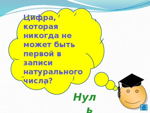 Цифра, которая никогда не может быть первой в записи натурального числа? Нуль  