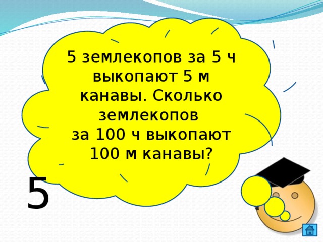 5 землекопов за 5 ч выкопают 5 м канавы. Сколько землекопов за 100 ч выкопают 100 м канавы? 5 
