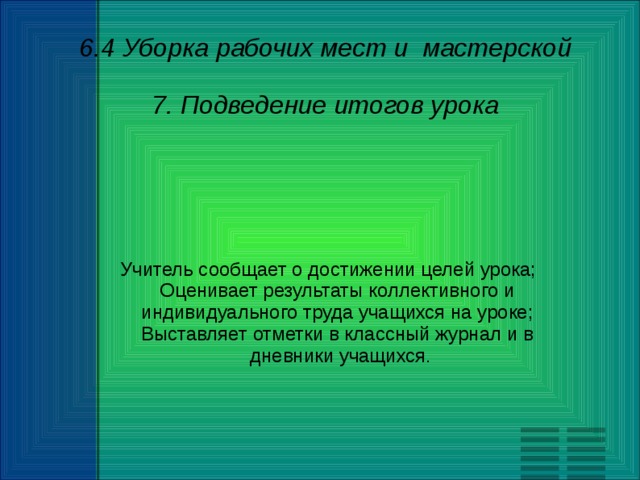 6.4 Уборка рабочих мест и мастерской 7. Подведение итогов урока     Учитель сообщает о достижении целей урока;  Оценивает результаты коллективного и  индивидуального труда учащихся на уроке;  Выставляет отметки в классный журнал и в  дневники учащихся . 
