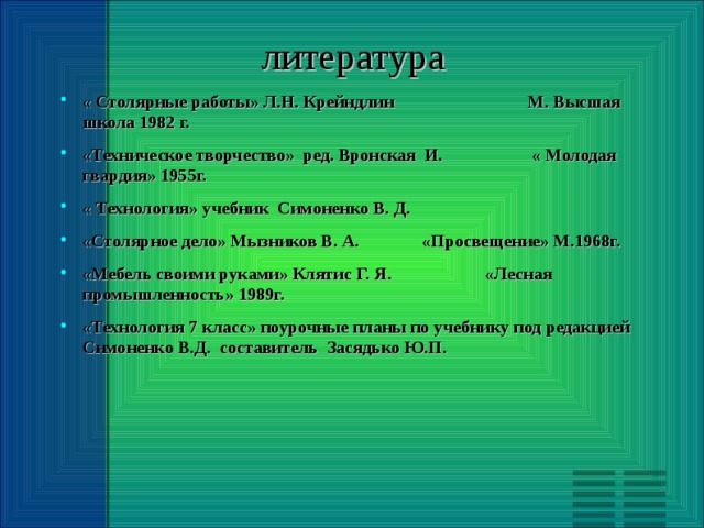 литература « Столярные работы» Л.Н. Крейндлин М. Высшая школа 1982 г. «Техническое творчество» ред. Вронская И. « Молодая гвардия» 1955г. « Технология» учебник Симоненко В. Д. «Столярное дело» Мызников В. А. «Просвещение» М.1968г. «Мебель своими руками» Клятис Г. Я. «Лесная промышленность» 1989г. «Технология 7 класс» поурочные планы по учебнику под редакцией Симоненко В.Д. составитель Засядько Ю.П. 