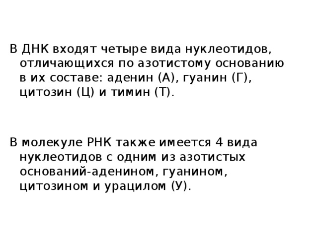 В ДНК входят четыре вида нуклеотидов, отличающихся по азотистому основанию в их составе: аденин (А), гуанин (Г), цитозин (Ц) и тимин (Т). В молекуле РНК также имеется 4 вида нуклеотидов с одним из азотистых оснований-аденином, гуанином, цитозином и урацилом (У). 