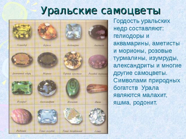 Уральские самоцветы Гордость уральских недр составляют: гелиодоры и аквамарины, аметисты и морионы, розовые турмалины, изумруды, александриты и многие другие самоцветы. Символами природных богатств Урала являются малахит, яшма, родонит. 