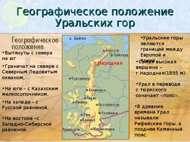 Географическое положение Уральских гор Уральские горы являются границей между Европой и Азией. Вытянуты с севера на юг Самая высокая вершина – г.Народная(1895 м). г.Народная Граничат на севере с Северным Ледовитым океаном, Урал в переводе с тюркского означает «пояс». На юге – с Казахским мелкосопочником, На западе – с Русской равниной, В древние времена Урал называли Рифейские горы, а позднее Каменный пояс. На востоке –с Западно-Сибирской равниной. 