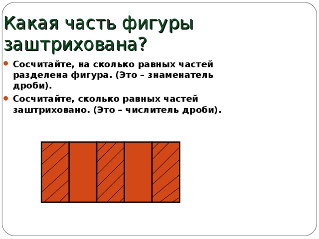Какая часть фигуры заштрихована? Сосчитайте, на сколько равных частей разделена фигура. (Это – знаменатель дроби). Сосчитайте, сколько равных частей заштриховано. (Это – числитель дроби). 