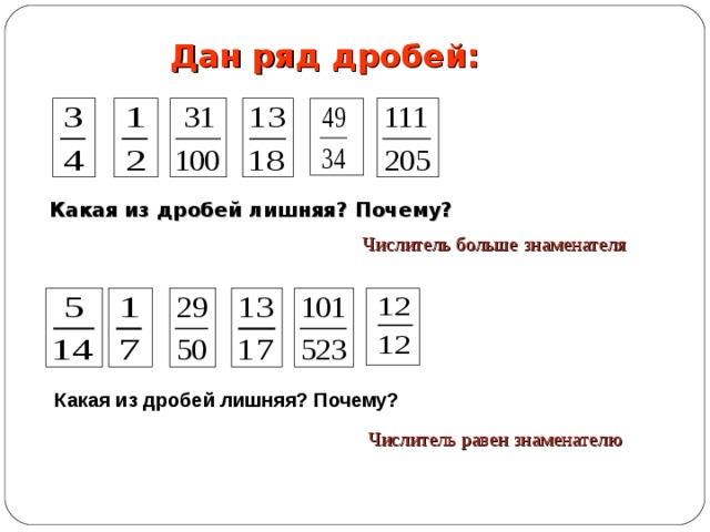 Дан ряд дробей:  Какая из дробей лишняя? Почему? Числитель больше знаменателя Какая из дробей лишняя? Почему?  Числитель равен знаменателю 
