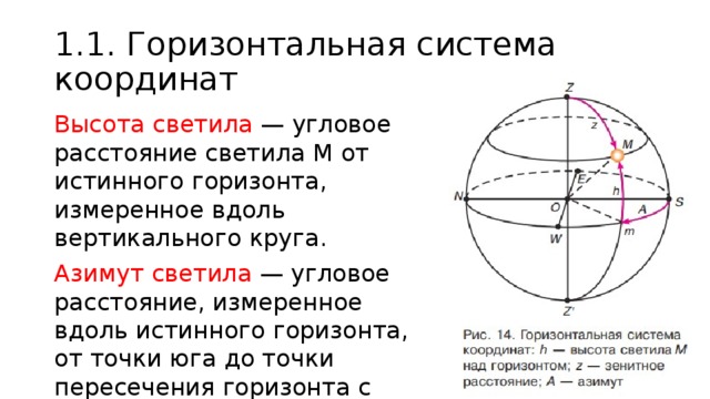 1.1. Горизонтальная система координат Высота светила — угловое расстояние светила М от истинного горизонта, измеренное вдоль вертикального круга. Азимут светила — угловое расстояние, измеренное вдоль истинного горизонта, от точки юга до точки пересечения горизонта с вертикальным кругом, про- ходящим через светило М. 
