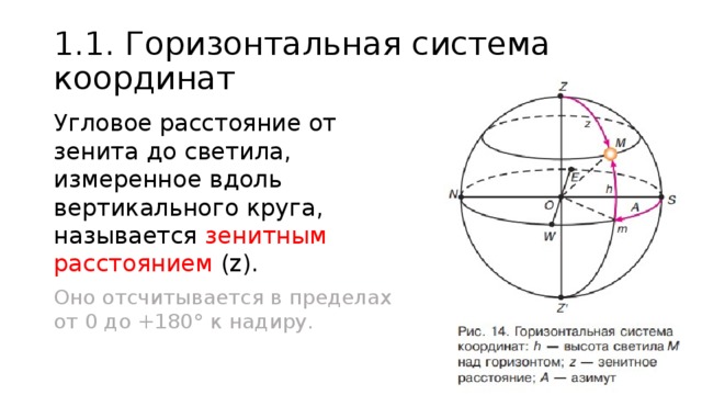 1.1. Горизонтальная система координат Угловое расстояние от зенита до светила, измеренное вдоль вертикального круга, называется зенитным расстоянием (z). Оно отсчитывается в пределах от 0 до +180° к надиру. 