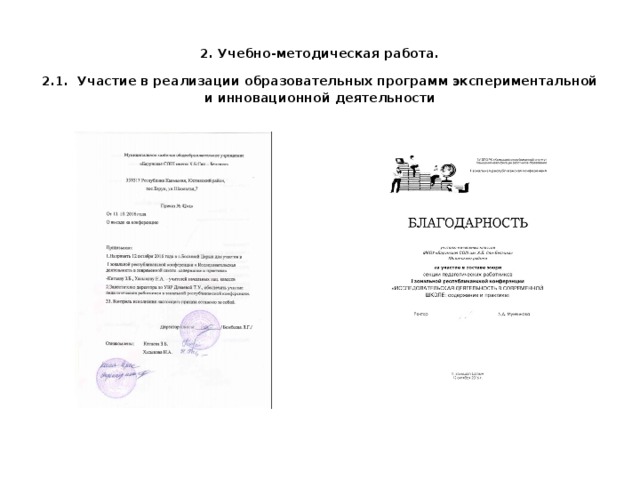   2. Учебно-методическая работа.  2.1.  Участие в реализации образовательных программ экспериментальной и инновационной деятельности   