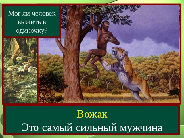 Мог ли человек выжить в одиночку? Человеческое стадо Как можно назвать главного человека в стаде, и почему именно он становился главным? Вожак Это самый сильный мужчина Как можно назвать самый первый коллектив древнейших людей? 