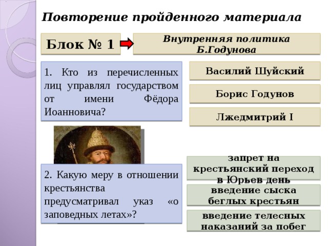 Повторение пройденного материала Блок № 1 Внутренняя политика Б.Годунова 1. Кто из перечисленных лиц управлял государством от имени Фёдора Иоанновича? Василий Шуйский Борис Годунов Лжедмитрий I запрет на крестьянский переход в Юрьев день 2. Какую меру в отношении крестьянства предусматривал указ «о заповедных летах»? введение сыска беглых крестьян введение телесных наказаний за побег 