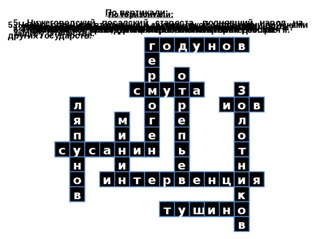 По вертикали: По горизонтали: 5. Нижегородский посадский староста, поднявший народ на защиту Отечества. 5. Насильственное вторжение и захват чужой территории войсками других государств. 2. Как называется период русской истории начала XVII в.? 3. Предводитель восстания 1606-1607 гг. 1. Кто управлял государством от имени Фёдора Иоанновича? 1. Патриарх, призвавший народ на борьбу с поляками. 2. Авантюрист, монах-расстрига Чудова монастыря. 3. Первый патриарх России. 4. Руководитель Первого ополчения 6. Подмосковное село, где был основан лагерь Лжедмитрия II. 4. Костромской крестьянин, национальный герой России.     1   д о в у н о г  е о 2  р 3  а у  т с м   2 о и    о л 4 р в  3  м я  л 5   е г п е и     о  п и н н у с с а ь т 4          н  н  е и  н  ц    5 е р   т и н о  в    е и я   в к  и ш н т у о 6      в  