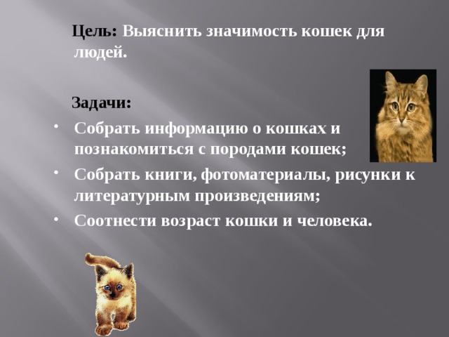  Цель:  Выяснить значимость кошек для людей.    Задачи:  Собрать информацию о кошках и познакомиться с породами кошек; Собрать книги, фотоматериалы, рисунки к литературным произведениям; Соотнести возраст кошки и человека. 