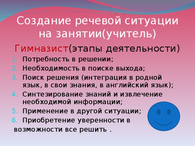 Создание речевой ситуации на занятии(учитель) Гимназист (этапы деятельности) Потребность в решении; Необходимость в поиске выхода; Поиск решения (интеграция в родной язык, в свои знания, в английский язык); Синтезирование знаний и извлечение необходимой информации; Применение в другой ситуации; Приобретение уверенности в  возможности все решить . 