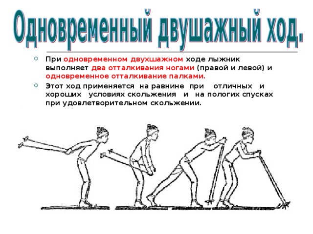 При одновременном двухшажном ходе лыжник выполняет два  отталкивания ногами (правой и левой) и одновременное отталкивание палками. Этот ход применяется на равнине  при отличных и хороших условиях скольжения и на пологих спусках при удовлетворительном скольжении. 