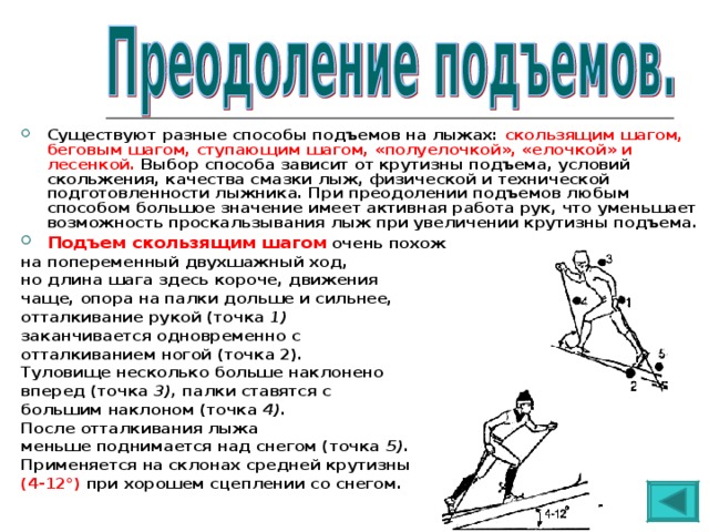 Существуют разные способы подъемов на лыжах: скользящим шагом, беговым шагом, ступающим шагом, «полуелочкой», «елочкой» и лесенкой. Выбор способа зависит от крутизны подъема, условий скольжения, качества смазки лыж, физической и технической подготовленности лыжника. При преодолении подъемов любым способом большое значение имеет активная работа рук, что уменьшает возможность проскальзывания лыж при увеличении крутизны подъема. Подъем скользящим шагом очень похож на попеременный двухшажный ход, но длина шага здесь короче, движения чаще, опора на палки дольше и сильнее, отталкивание рукой (точка 1) заканчивается одновременно с отталкиванием ногой (точка 2). Туловище несколько больше наклонено вперед (точка 3), палки ставятся с большим наклоном (точка 4). После отталкивания лыжа меньше поднимается над снегом (точка 5). Применяется на склонах средней крутизны (4-12°) при хорошем сцеплении со снегом. 
