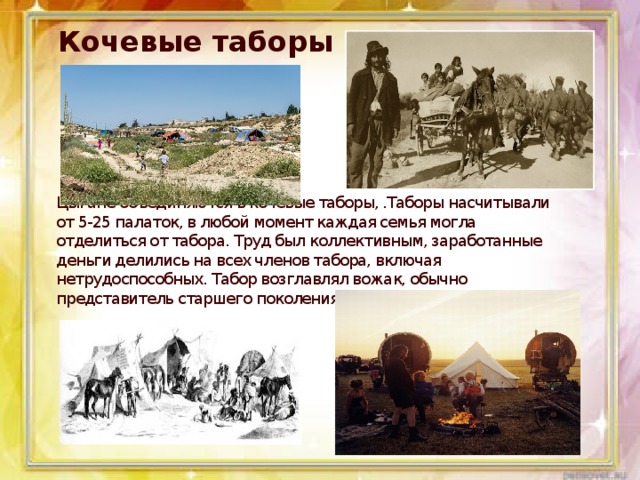 Кочевые таборы Цыгане объединяются в кочевые таборы, .Таборы насчитывали от 5-25 палаток, в любой момент каждая семья могла отделиться от табора. Труд был коллективным, заработанные деньги делились на всех членов табора, включая нетрудоспособных. Табор возглавлял вожак, обычно представитель старшего поколения.  