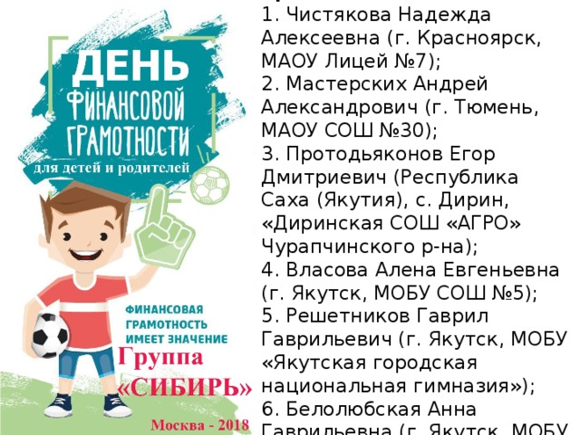 Авторы-разработчики проекта:  1. Чистякова Надежда Алексеевна (г. Красноярск, МАОУ Лицей №7);  2. Мастерских Андрей Александрович (г. Тюмень, МАОУ СОШ №30);  3. Протодьяконов Егор Дмитриевич (Республика Саха (Якутия), с. Дирин, «Диринская СОШ «АГРО» Чурапчинского р-на);  4. Власова Алена Евгеньевна (г. Якутск, МОБУ СОШ №5);  5. Решетников Гаврил Гаврильевич (г. Якутск, МОБУ «Якутская городская национальная гимназия»);  6. Белолюбская Анна Гаврильевна (г. Якутск, МОБУ «Якутская городская национальная гимназия»). 