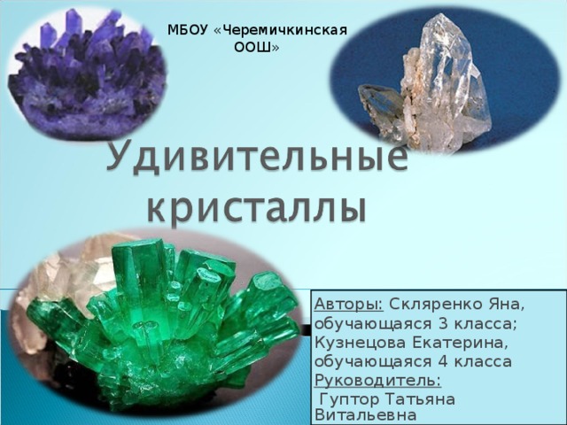 МБОУ «Черемичкинская ООШ» Авторы: Скляренко Яна, обучающаяся 3 класса; Кузнецова Екатерина, обучающаяся 4 класса Руководитель:  Гуптор Татьяна Витальевна 