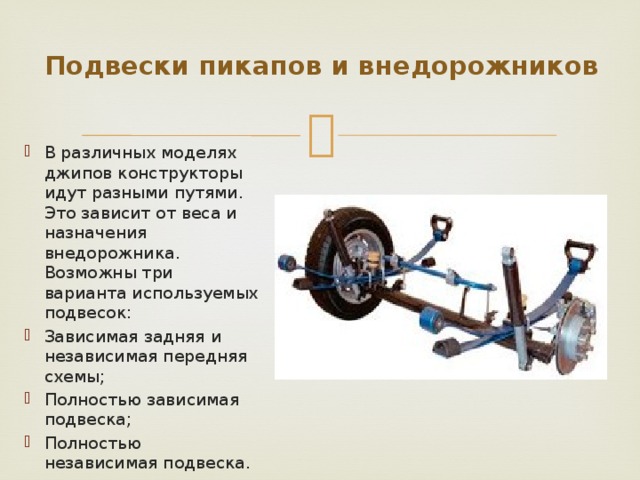 Подвески пикапов и внедорожников   В различных моделях джипов конструкторы идут разными путями. Это зависит от веса и назначения внедорожника. Возможны три варианта используемых подвесок: Зависимая задняя и независимая передняя схемы; Полностью зависимая подвеска; Полностью независимая подвеска. 