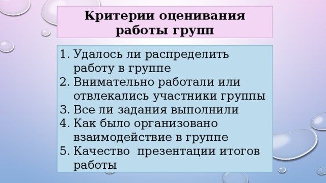Критерии оценивания работы групп                Удалось ли распределить работу в группе Внимательно работали или отвлекались участники группы Все ли задания выполнили Как было организовано взаимодействие в группе Качество презентации итогов работы 
