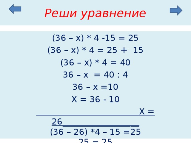 Реши уравнение (36 – х) * 4 -15 = 25 (36 – х) * 4 = 25 + 15 (36 – х) * 4 = 40 36 – х = 40 : 4 36 – х =10 Х = 36 - 10  Х = 26__________________ (36 – 26) *4 – 15 =25 25 = 25 