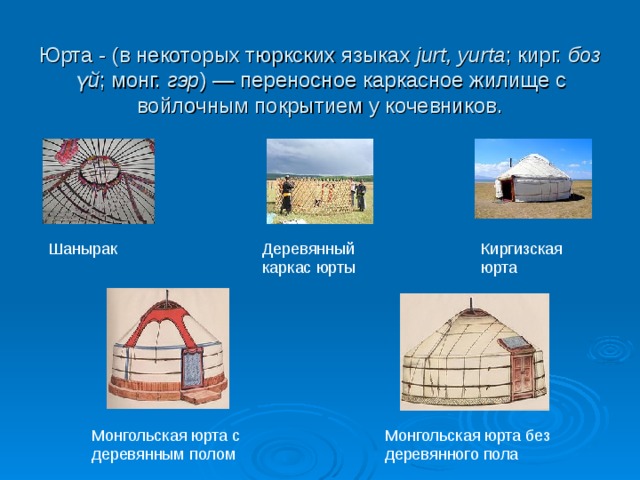 Юрта - (в некоторых тюркских языках jurt, yurta ; кирг. боз үй ; монг. гэр ) — переносное каркасное жилище с войлочным покрытием у кочевников. Шанырак Деревянный каркас юрты Киргизская юрта Монгольская юрта без деревянного пола Монгольская юрта с деревянным полом 