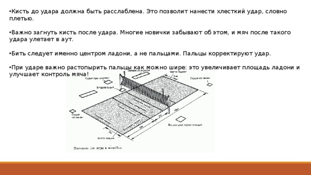 Кисть до удара должна быть расслаблена. Это позволит нанести хлесткий удар, словно плетью. Важно загнуть кисть после удара. Многие новички забывают об этом, и мяч после такого удара улетает в аут. Бить следует именно центром ладони, а не пальцами. Пальцы корректируют удар. При ударе важно растопырить пальцы как можно шире: это увеличивает площадь ладони и улучшает контроль мяча! 
