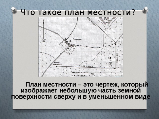 Что такое план местности? План местности – это чертеж, который изображает небольшую часть земной поверхности сверху и в уменьшенном виде 