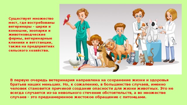 Существует множество мест, где востребованы ветеринары – цирки и конюшни, зоопарки и животноводческие фермы, ветеринарные клиники и ветстанции, также на предприятиях сельского хозяйства.  В первую очередь ветеринария направлена на сохранение жизни и здоровья братьев наших меньших. Но, к сожалению, в большинстве случаев, именно человек становится причиной создания опасности для жизни животных. Это не всегда случается из-за невольного стечения обстоятельств, а во множестве случаев – это преднамеренное жестокое обращение с питомцами. 