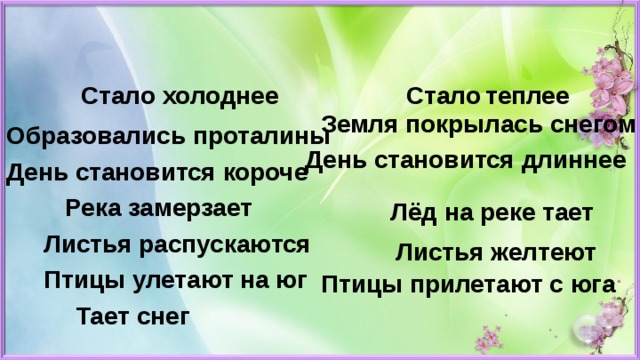 Стало холоднее Стало  теплее Земля покрылась снегом Образовались проталины День становится длиннее День становится короче Река замерзает Лёд на реке тает Листья распускаются Листья желтеют Птицы улетают на юг Птицы прилетают с юга Тает снег 