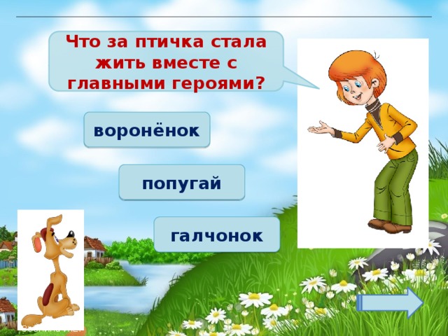 Что за птичка стала жить вместе с главными героями? воронёнок попугай галчонок Зобнина И.Е. 