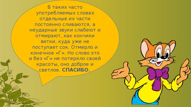 В таких часто употребляемых словах отдельные их части постоянно сливаются, а неударные звуки слабеют и отмирают, как кончики ветки, куда уже не поступает сок. Отмерло и конечное «Г». Но слово это и без «Г» не потеряло своей красоты, оно доброе и светлое. СПАСИБО . 
