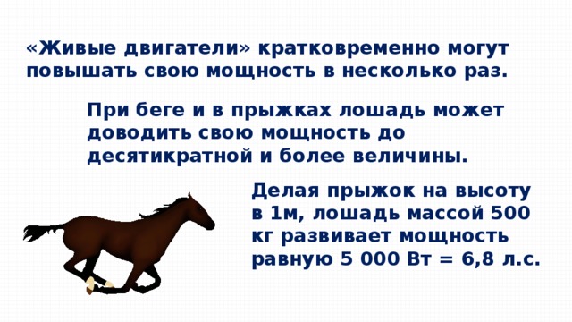 «Живые двигатели» кратковременно могут повышать свою мощность в несколько раз. При беге и в прыжках лошадь может доводить свою мощность до десятикратной и более величины. Делая прыжок на высоту в 1м, лошадь массой 500 кг развивает мощность равную 5 000 Вт = 6,8 л.с. 